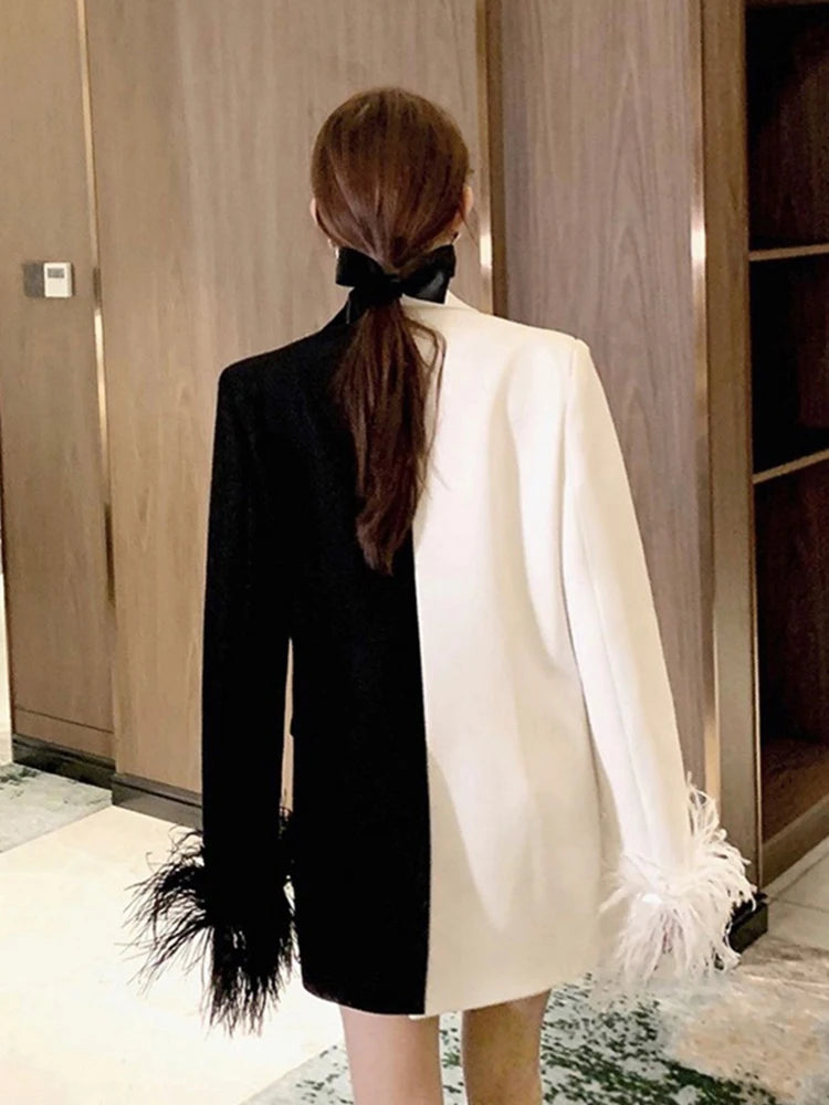 Colorblock Patchwork Feathers Blazer For Women Notched Collar Long Sleeve Spliced Button Chic Blazers Female New